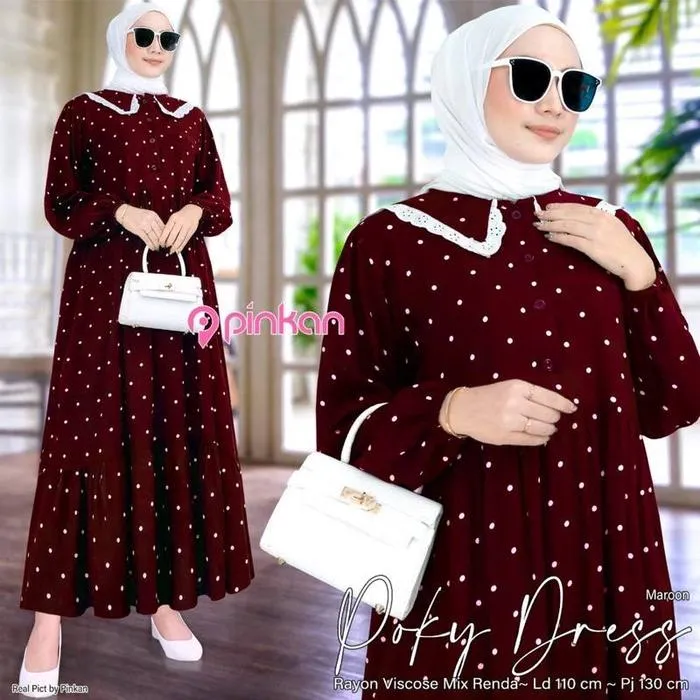 Kaftan Polkadot warna Maroon